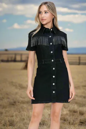 Embellished Button Down Western Short Sleeve Denim Dress
