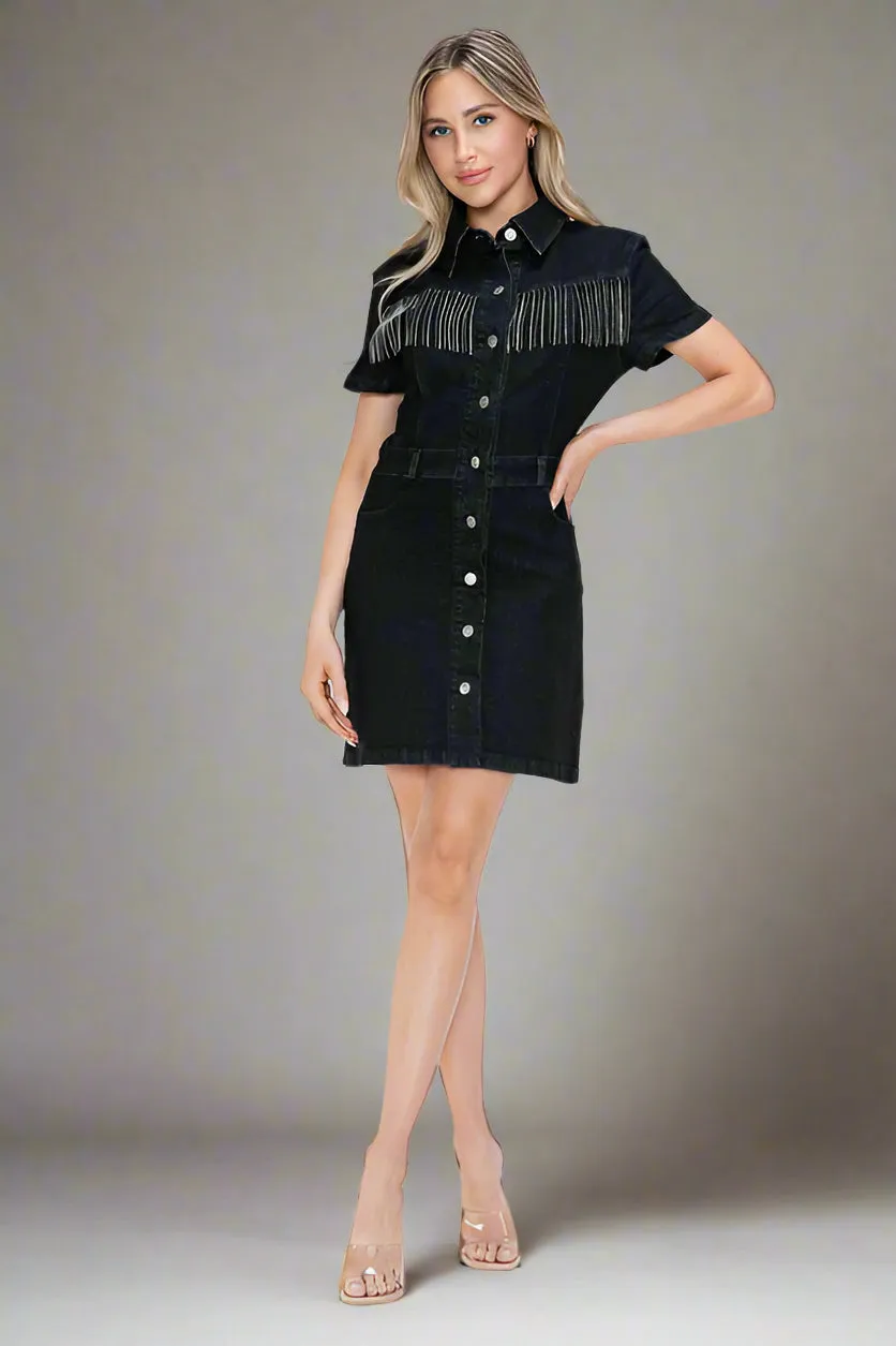 Embellished Button Down Western Short Sleeve Denim Dress
