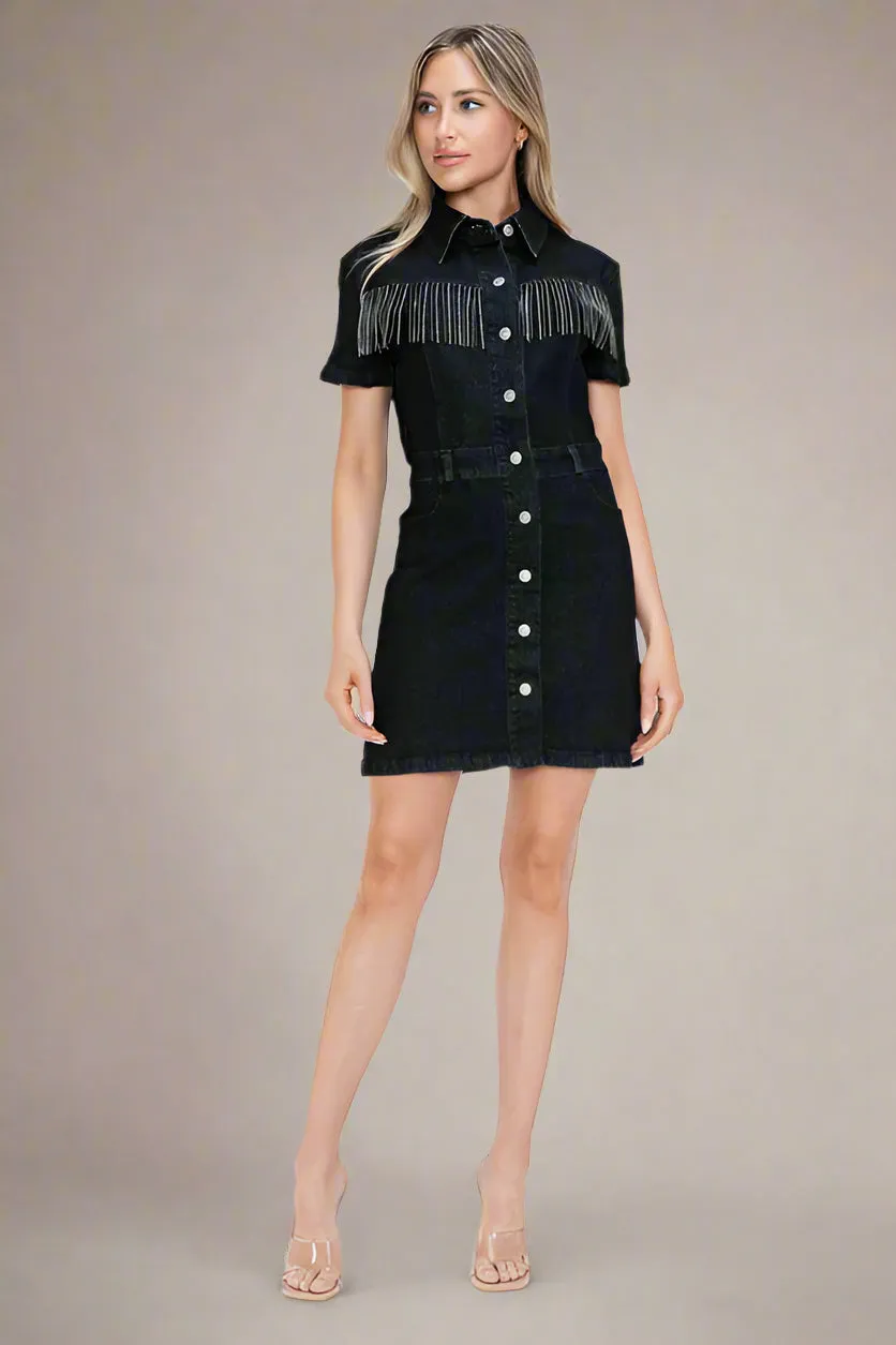 Embellished Button Down Western Short Sleeve Denim Dress