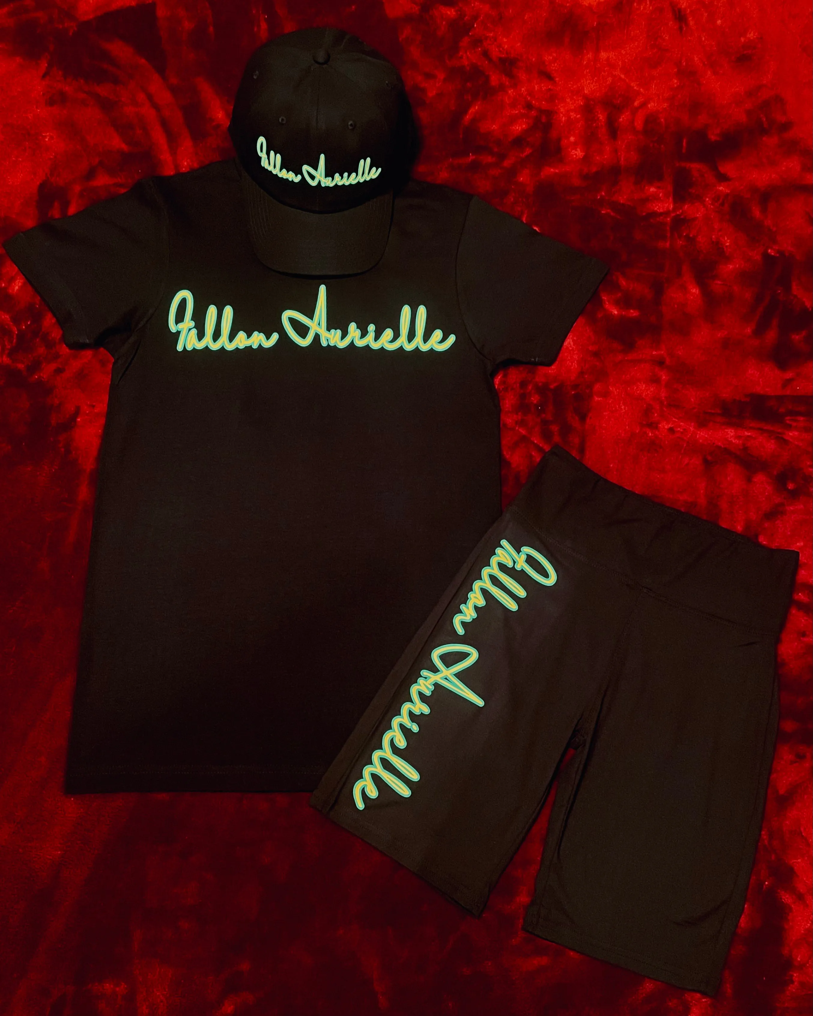 Fallon Aurielle Signature 3 Piece Cancer Logo & Name Zodiac Biker Short Set (Black, Green & Golden Yellow)