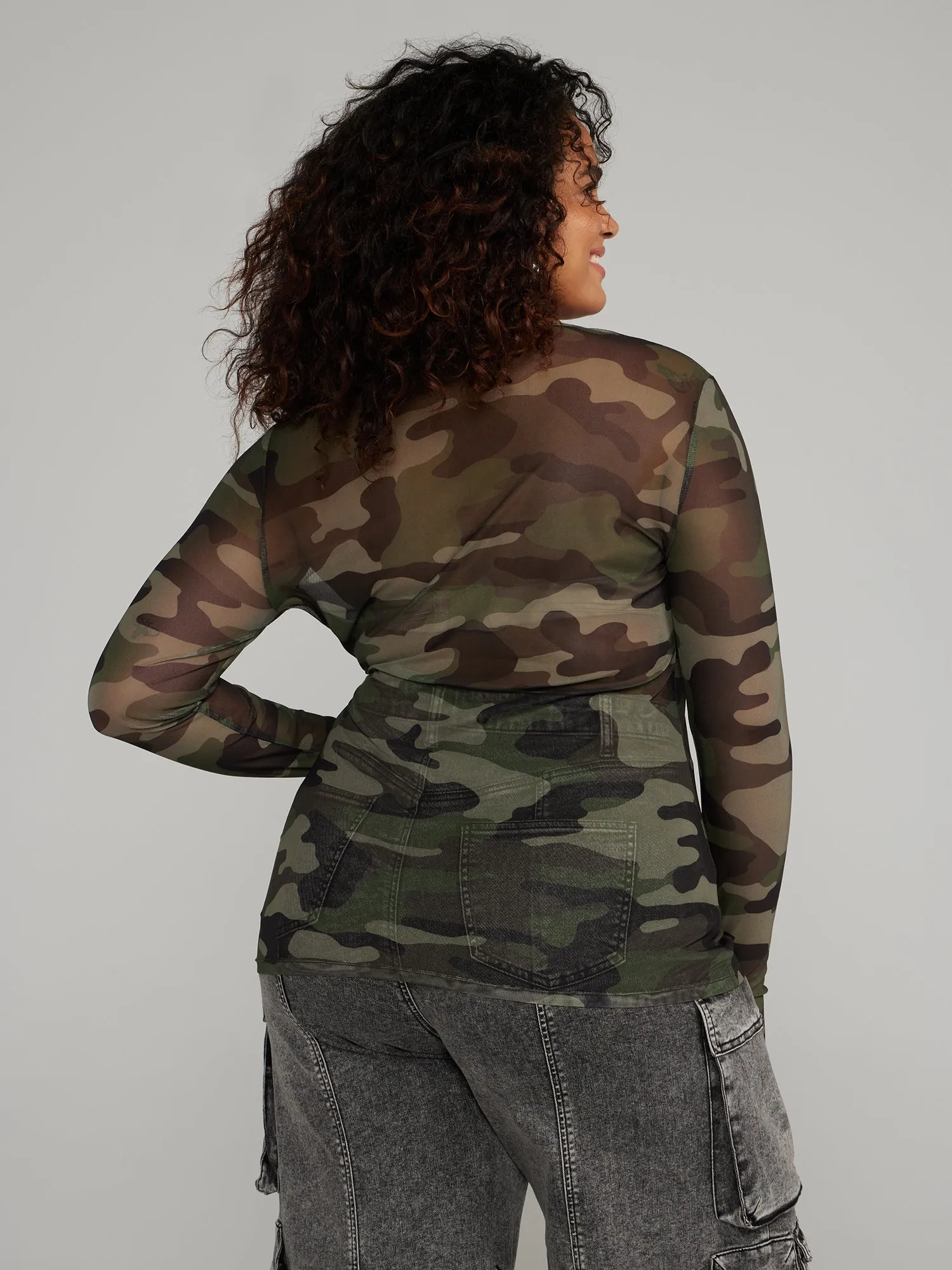 Fashion To Figure - Crew-Neck Camo Printed Mesh Top
