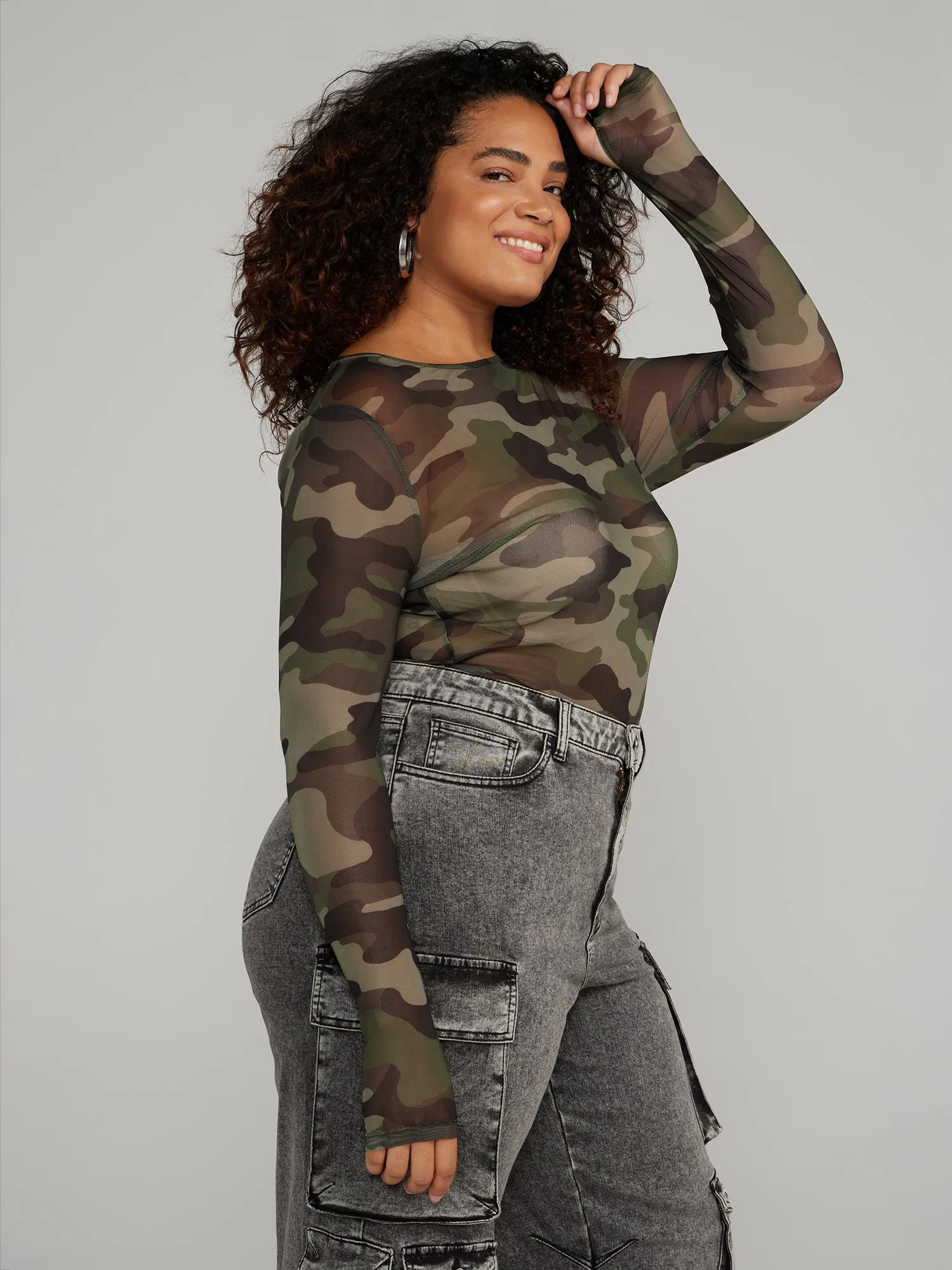 Fashion To Figure - Crew-Neck Camo Printed Mesh Top