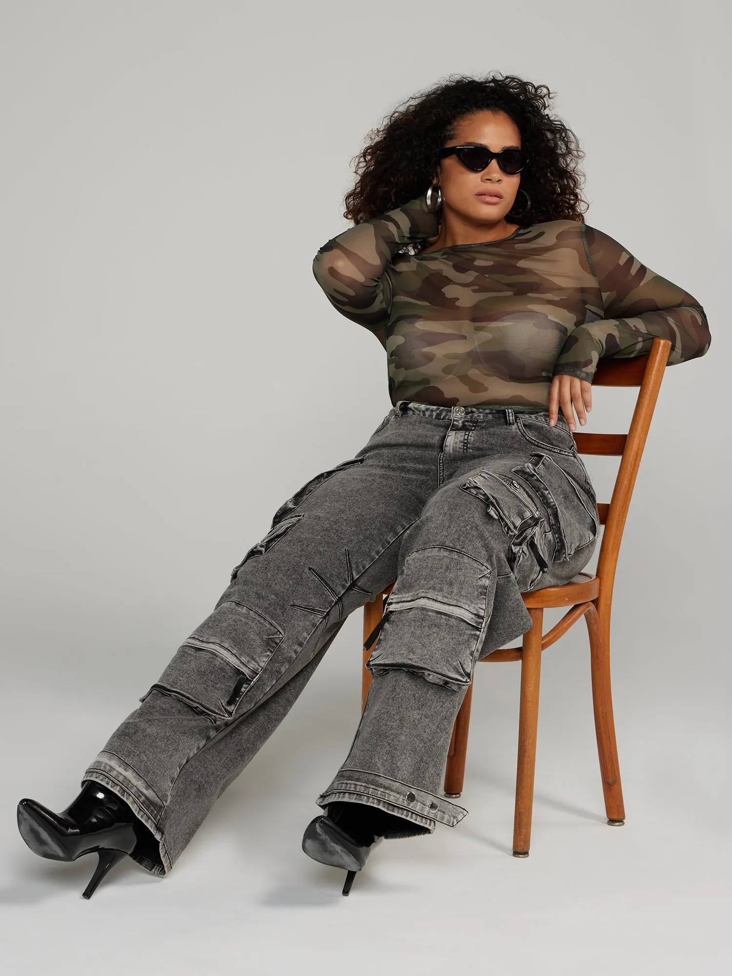 Fashion To Figure - Crew-Neck Camo Printed Mesh Top