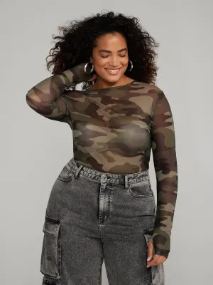 Fashion To Figure - Crew-Neck Camo Printed Mesh Top