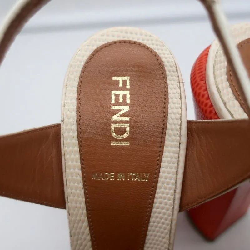 Fendi Chameleon Bicolor Sandals White Patent & Orange Snakeskin Size 36.5
