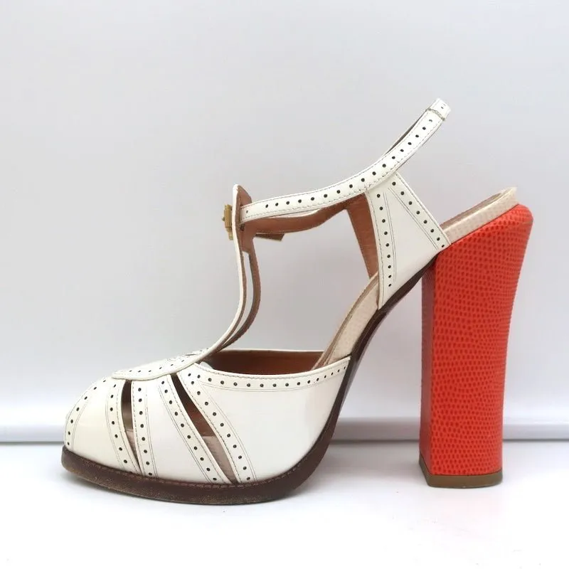Fendi Chameleon Bicolor Sandals White Patent & Orange Snakeskin Size 36.5