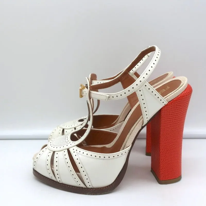 Fendi Chameleon Bicolor Sandals White Patent & Orange Snakeskin Size 36.5