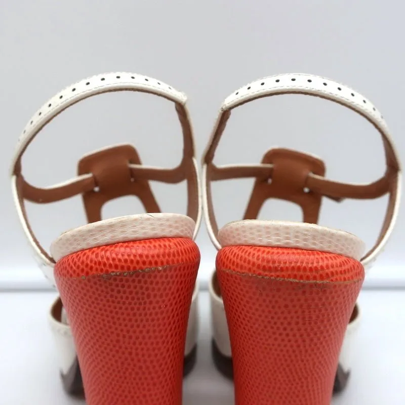 Fendi Chameleon Bicolor Sandals White Patent & Orange Snakeskin Size 36.5