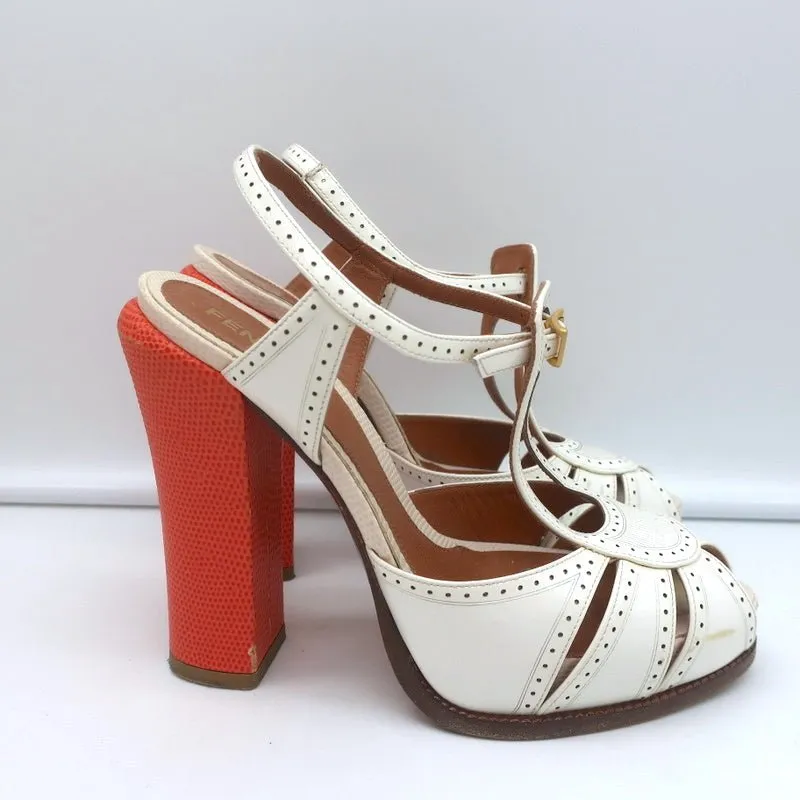 Fendi Chameleon Bicolor Sandals White Patent & Orange Snakeskin Size 36.5