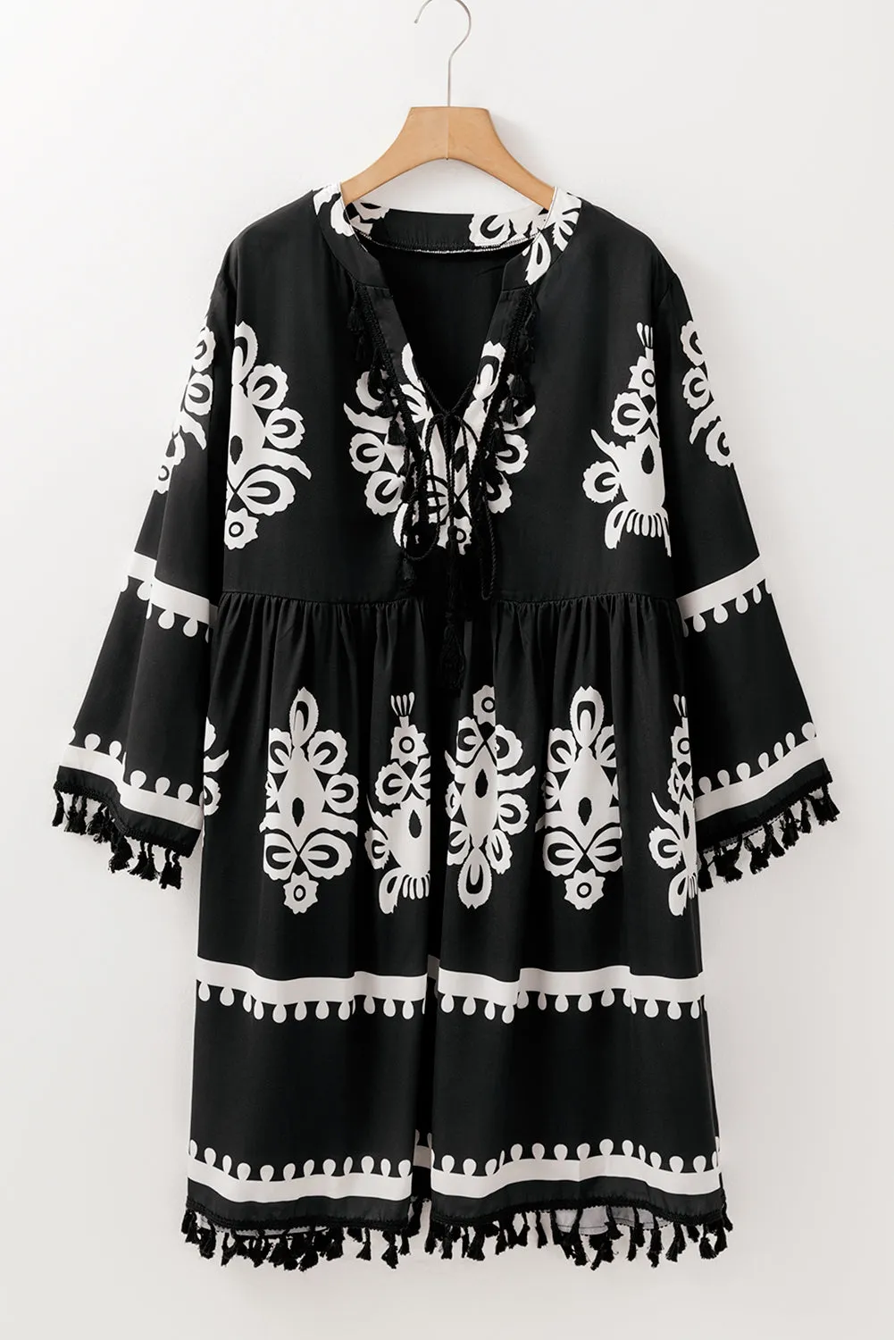 Flora, Ethnic Print Fringe Hem Plus Size Dress