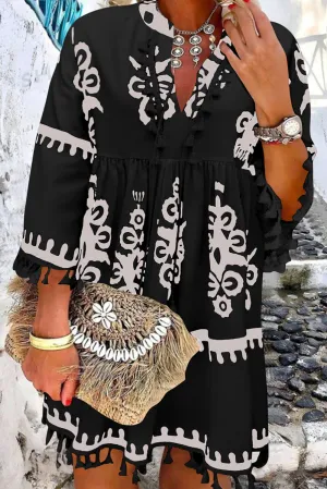 Flora, Ethnic Print Fringe Hem Plus Size Dress