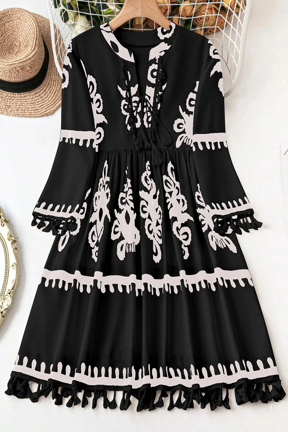 Flora, Ethnic Print Fringe Hem Plus Size Dress
