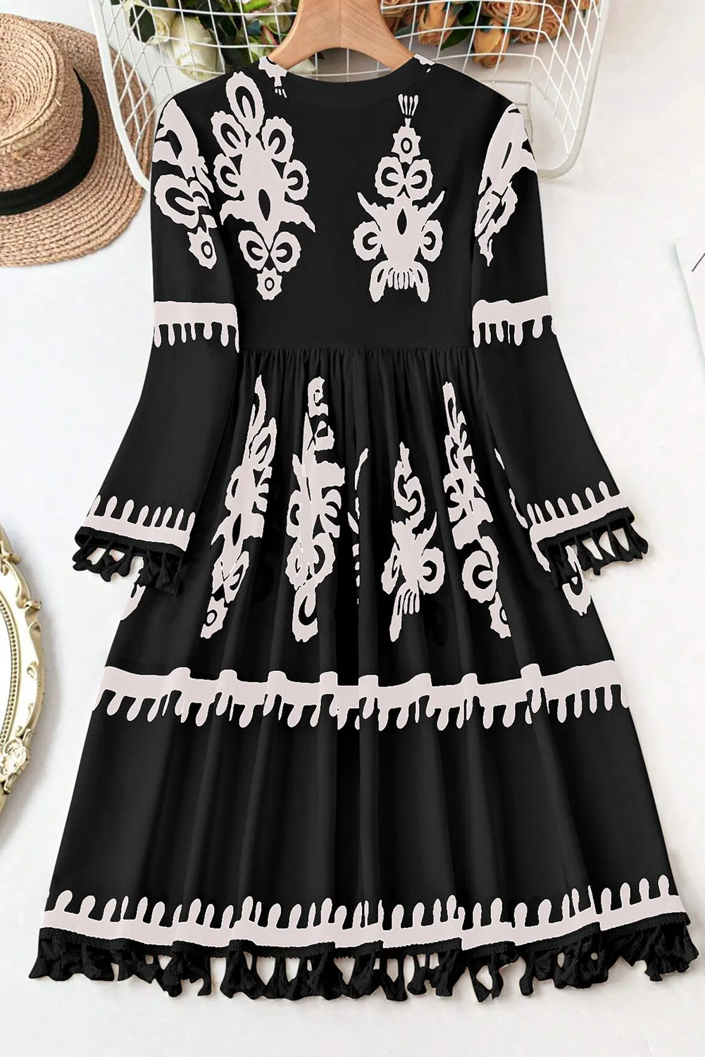 Flora, Ethnic Print Fringe Hem Plus Size Dress