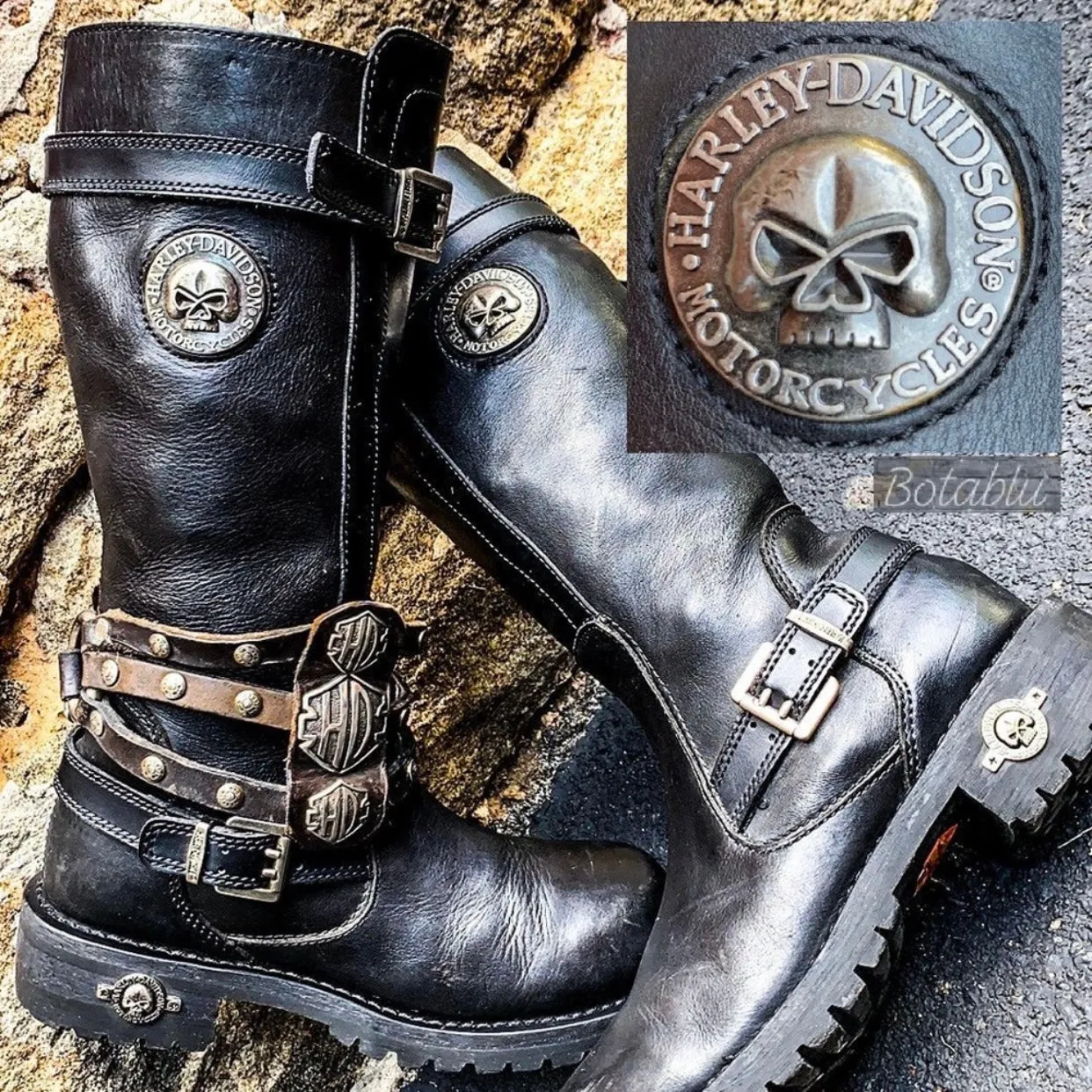 HARLEY-DAVIDSON Vintage Willie G Skull Tall Black Leather Biker Motorcycle Boots
