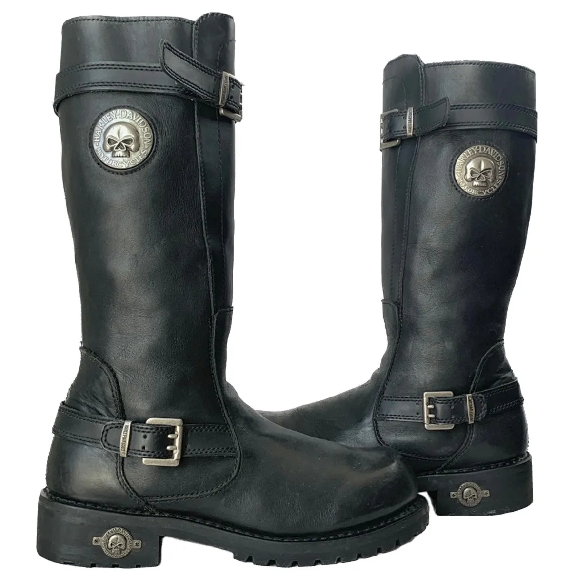 HARLEY-DAVIDSON Vintage Willie G Skull Tall Black Leather Biker Motorcycle Boots
