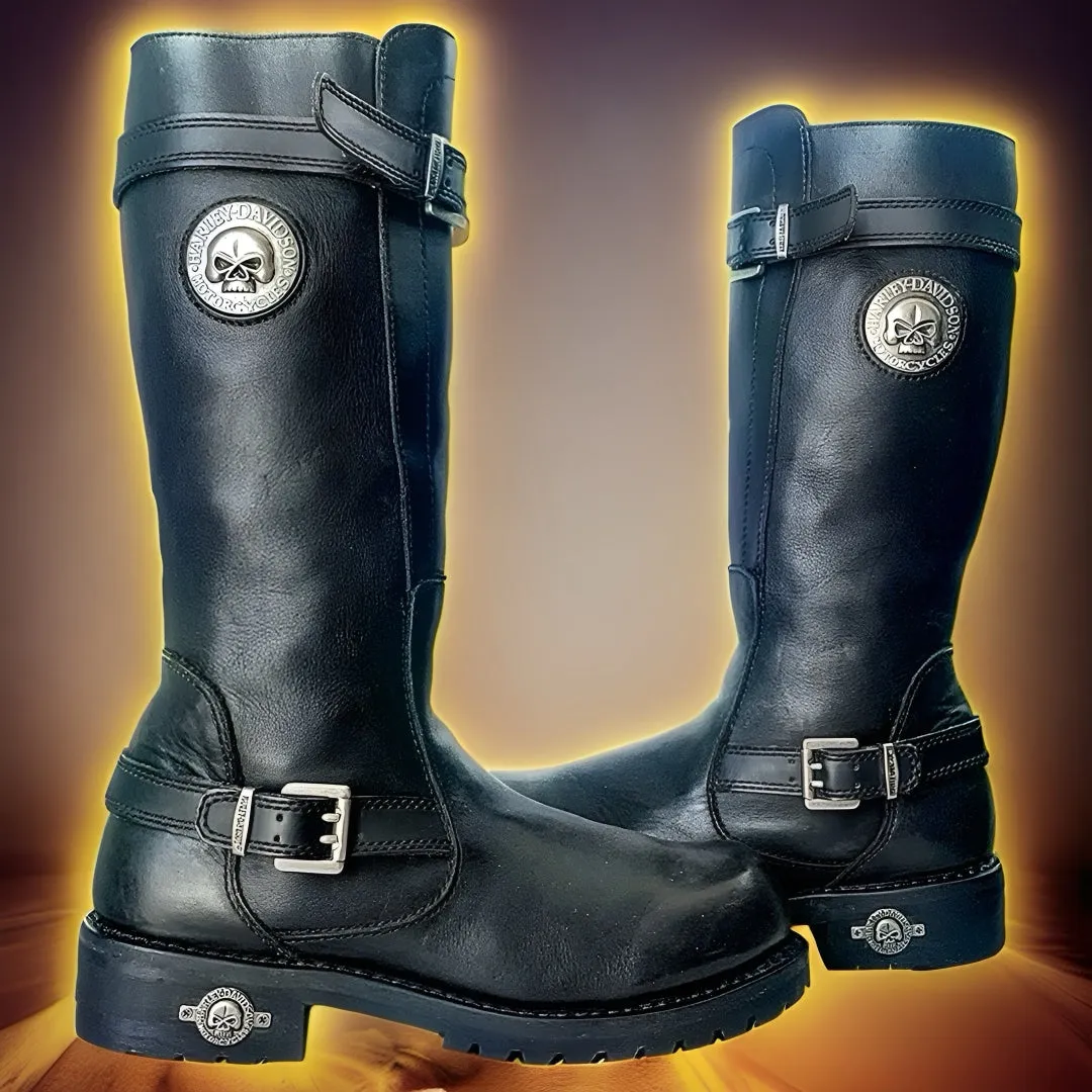 HARLEY-DAVIDSON Vintage Willie G Skull Tall Black Leather Biker Motorcycle Boots