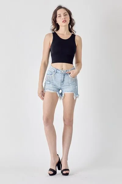 Hazel Blues® |  RISEN Frayed Hem Denim Shorts with Fringe Detail Pockets