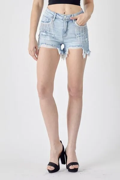 Hazel Blues® |  RISEN Frayed Hem Denim Shorts with Fringe Detail Pockets