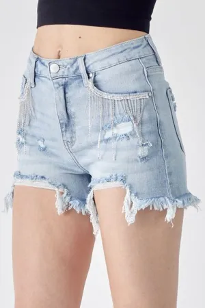 Hazel Blues® |  RISEN Frayed Hem Denim Shorts with Fringe Detail Pockets