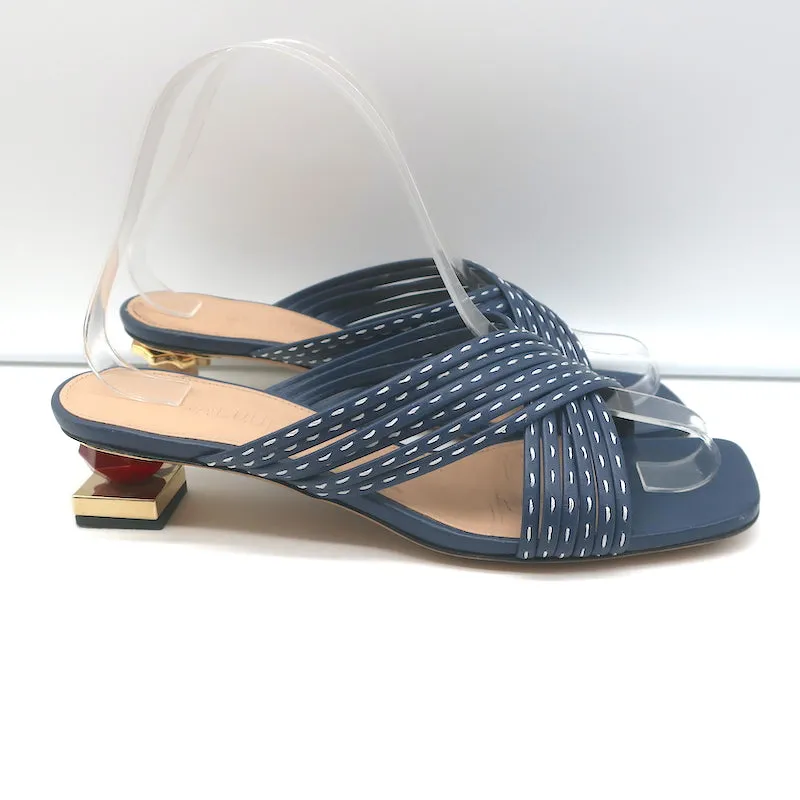 Jacquemus Castana Crisscross Sandals Navy Leather Size 37 Kitten Heel Slides