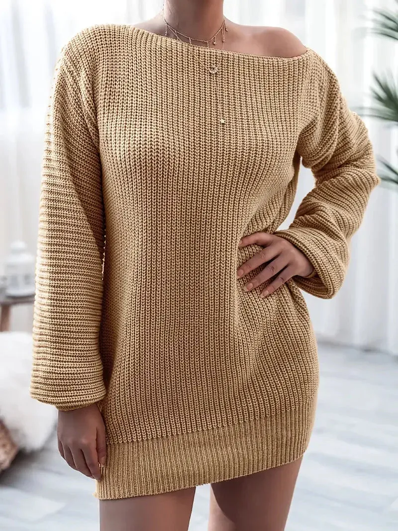 JazzHer Loose Round Neck Solid Sweater Dress