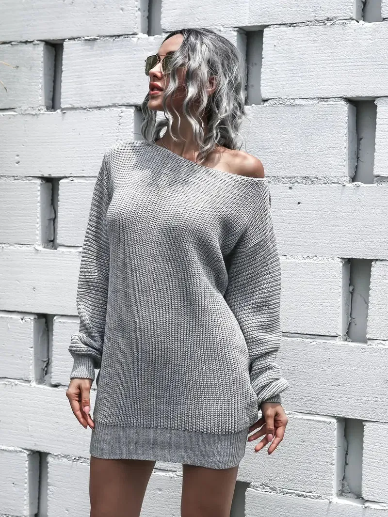 JazzHer Loose Round Neck Solid Sweater Dress