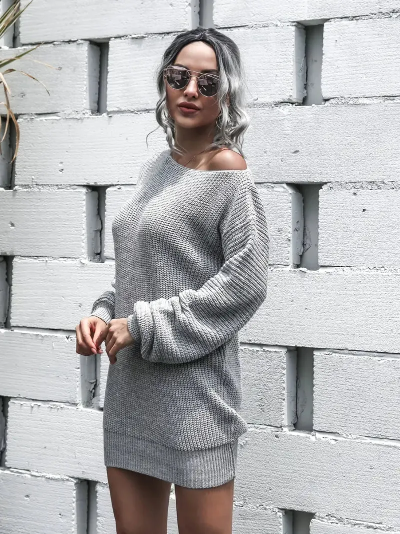 JazzHer Loose Round Neck Solid Sweater Dress