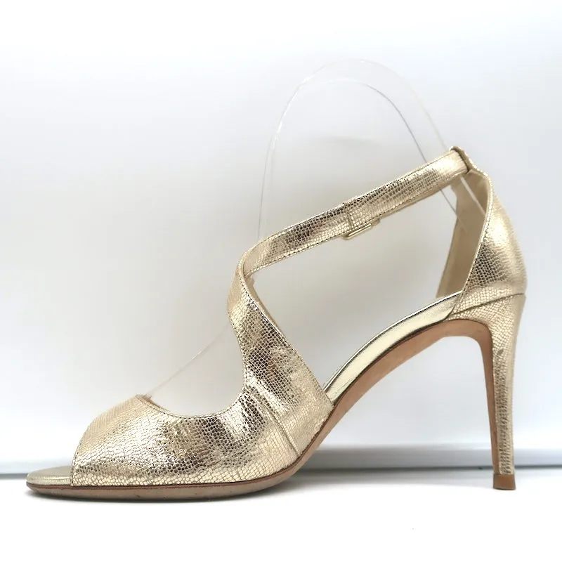 Jimmy Choo Crisscross Sandals Emily Gold Cracked Leather Size 35.5