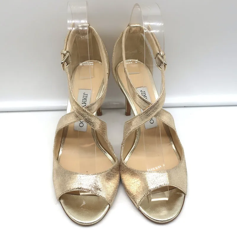 Jimmy Choo Crisscross Sandals Emily Gold Cracked Leather Size 35.5