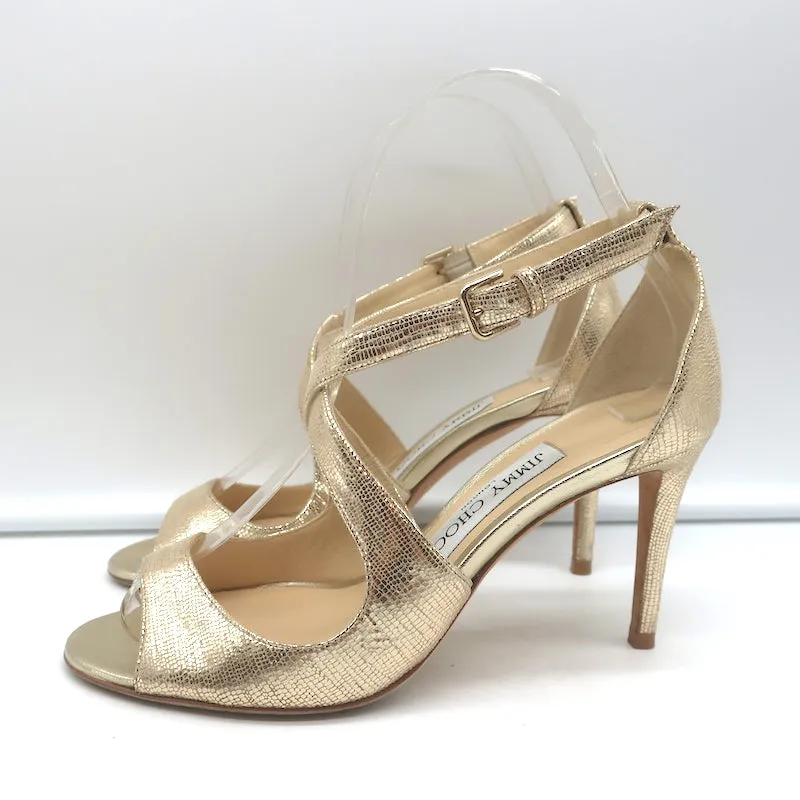 Jimmy Choo Crisscross Sandals Emily Gold Cracked Leather Size 35.5