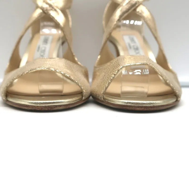 Jimmy Choo Crisscross Sandals Emily Gold Cracked Leather Size 35.5