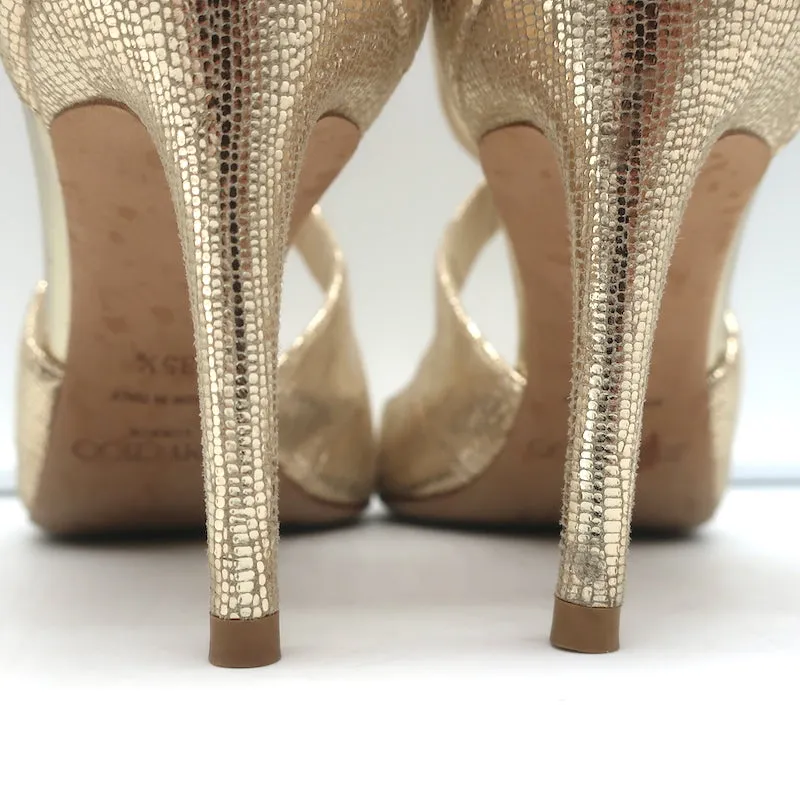 Jimmy Choo Crisscross Sandals Emily Gold Cracked Leather Size 35.5