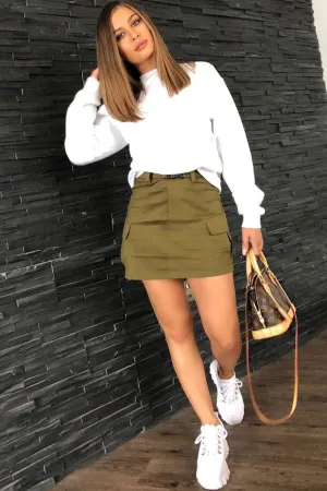Khaki Buckle Front Woven Utility Mini Skirt - Cally