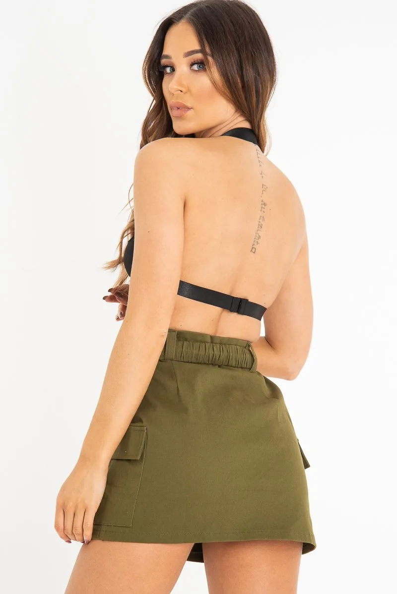 Khaki Buckle Front Woven Utility Mini Skirt - Cally