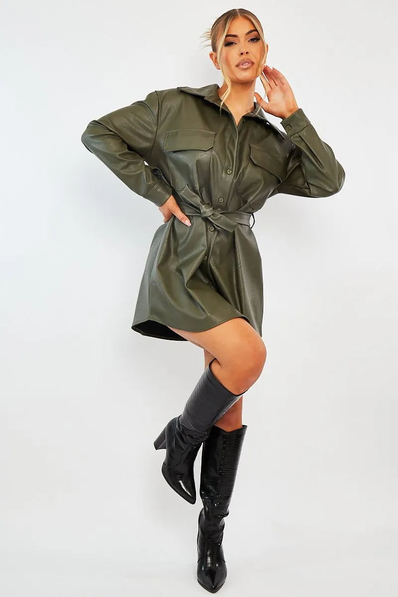 Khaki Faux Leather Belted Shirt Mini Dress - Alese