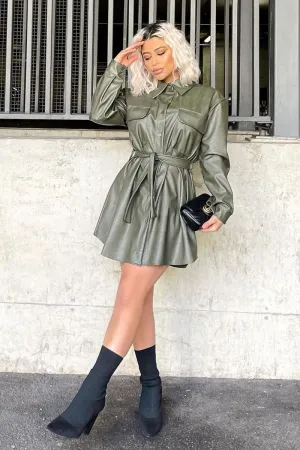 Khaki Faux Leather Belted Shirt Mini Dress - Alese