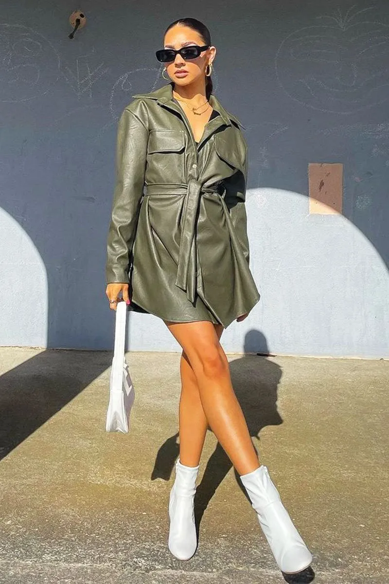Khaki Faux Leather Belted Shirt Mini Dress - Alese