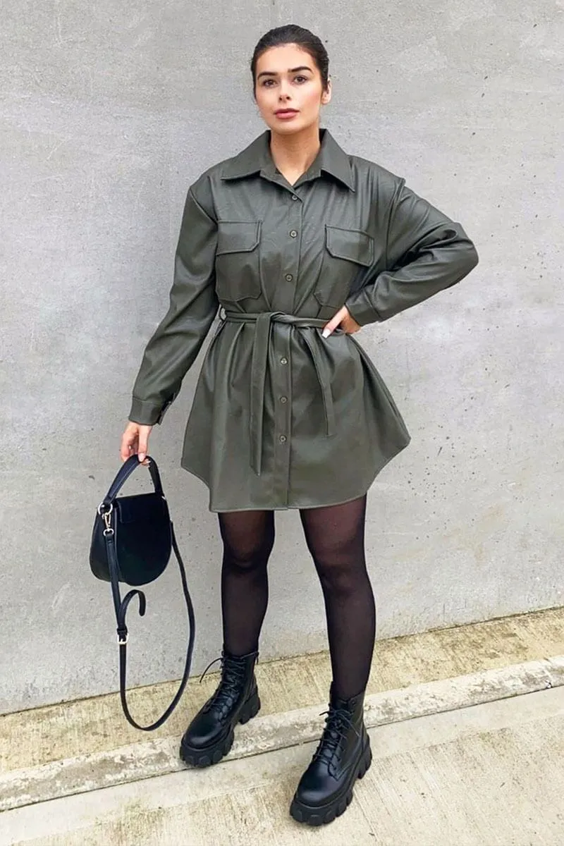 Khaki Faux Leather Belted Shirt Mini Dress - Alese