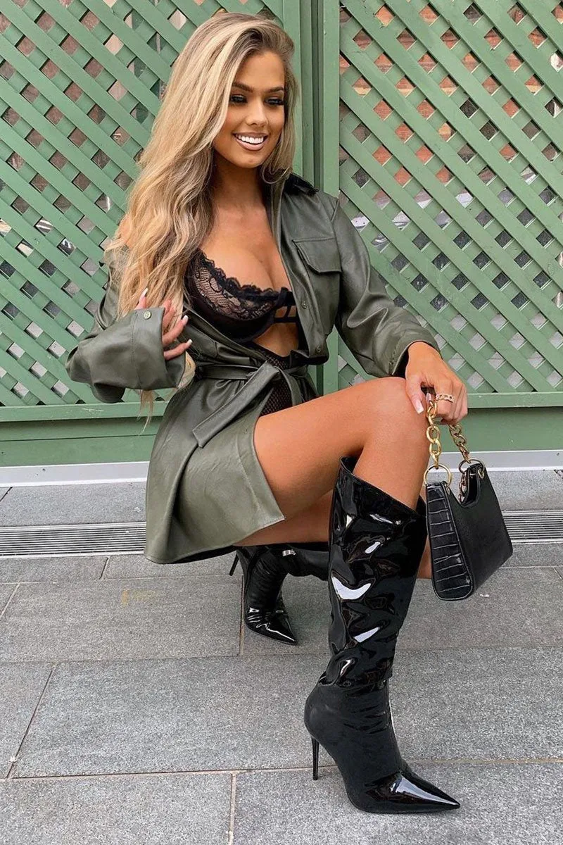 Khaki Faux Leather Belted Shirt Mini Dress - Alese