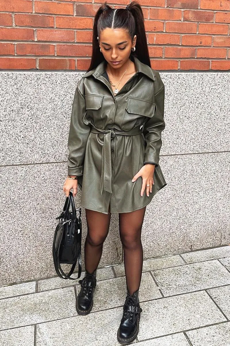 Khaki Faux Leather Belted Shirt Mini Dress - Alese