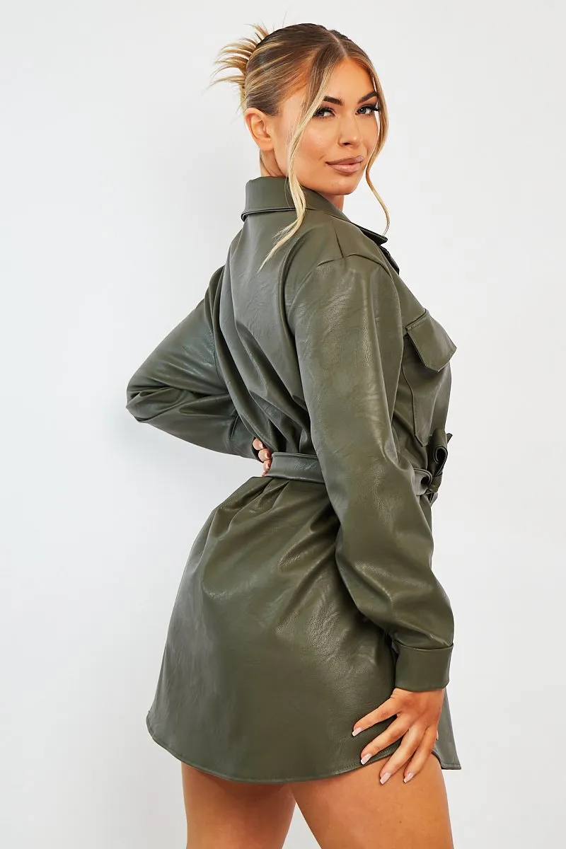 Khaki Faux Leather Belted Shirt Mini Dress - Alese