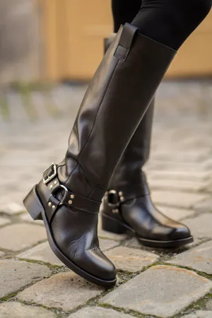 KMB Sort biker boots i glattskinn