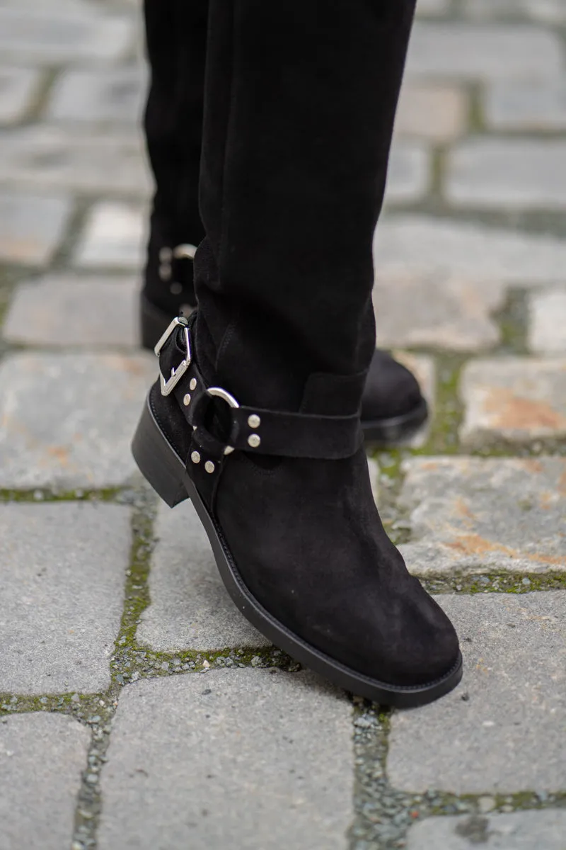 KMB Sort biker boots i semsket skinn