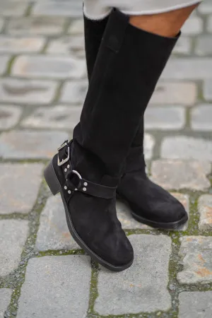 KMB Sort biker boots i semsket skinn