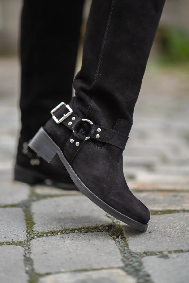 KMB Sort biker boots i semsket skinn