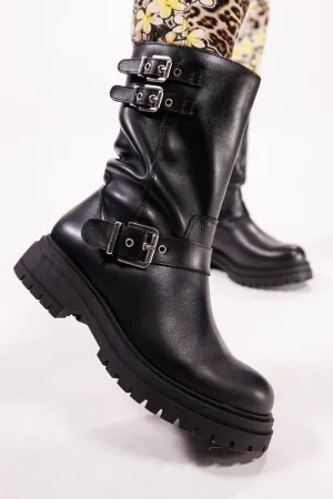 KMB Sort boots med sølvspenner og glidelås i innsiden