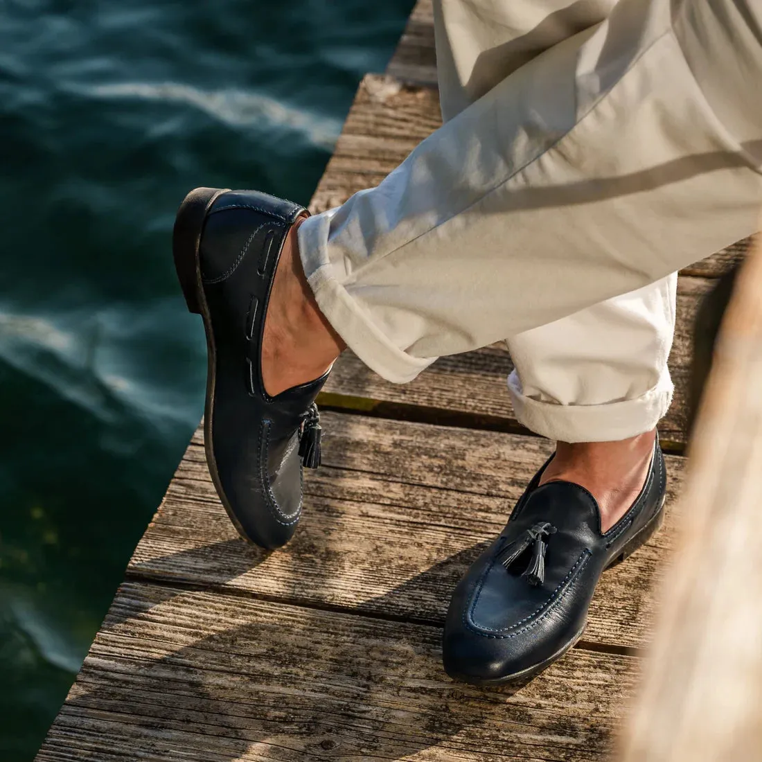 Leather Bow Loafers - Blue