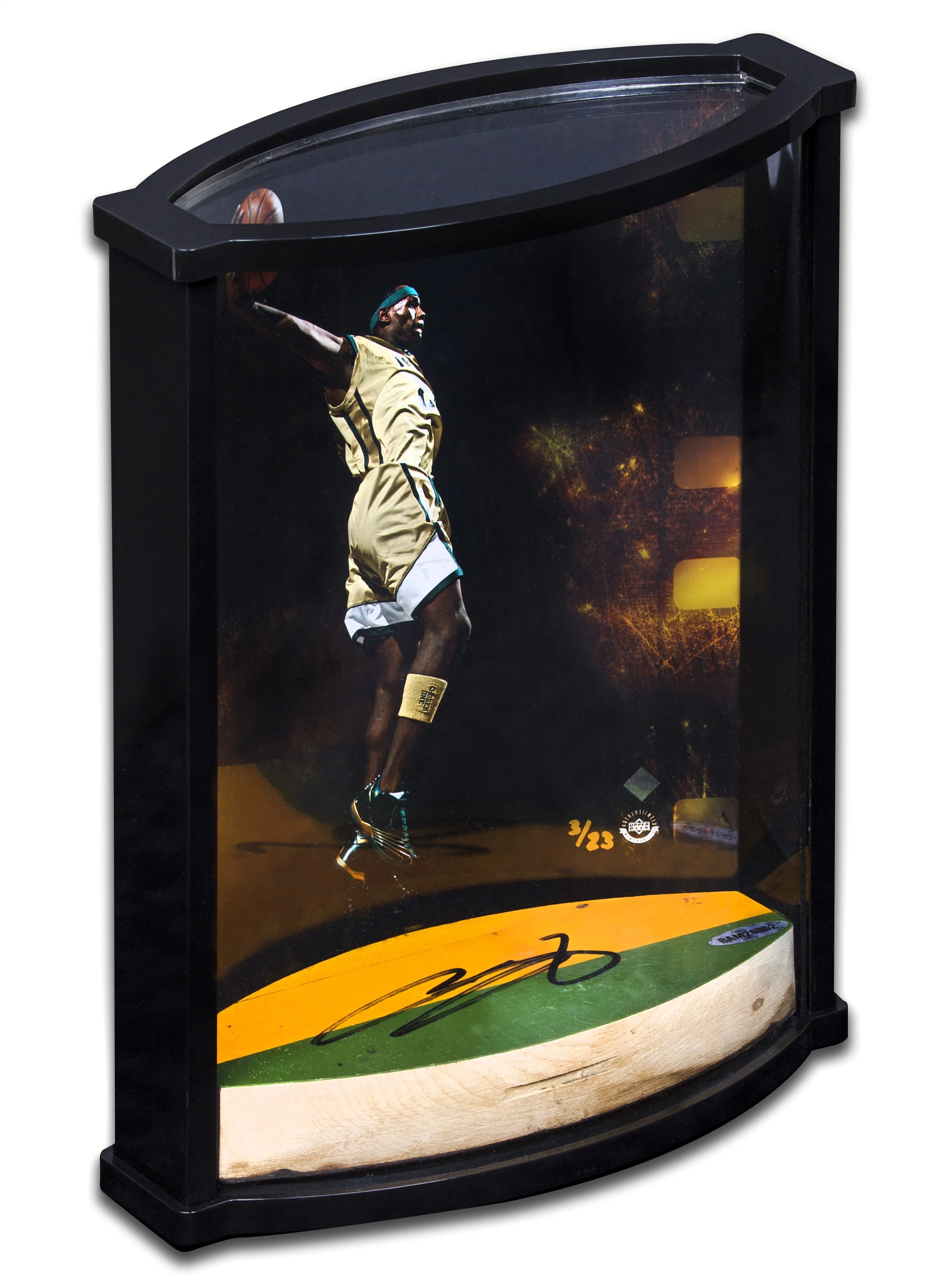 LeBron James Autographed Airborne Photo with Game Used Floor