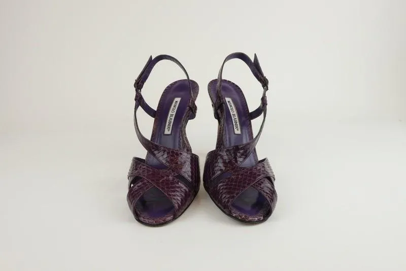 Manolo Blahnik Slingback Sandals Purple Snakeskin Size 39 Peep Toe Heel