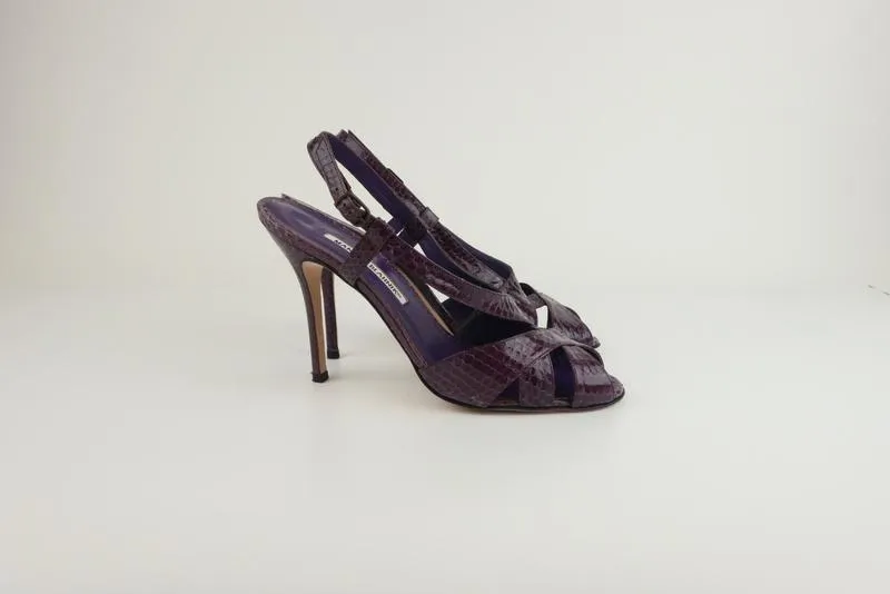 Manolo Blahnik Slingback Sandals Purple Snakeskin Size 39 Peep Toe Heel